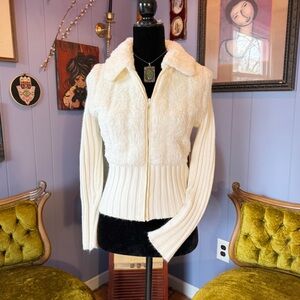 Vintage Y2K I Doll Ivory Faux Fur Zip Up Cardigan Sweater Size M